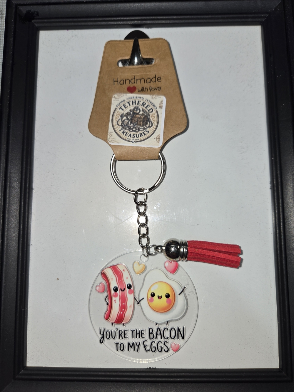 Handmade Red Tassel 'You're the Bacon to My Eggs' Keychain